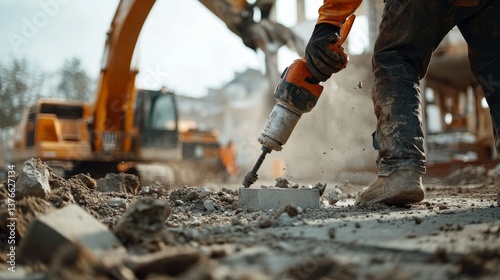 A construction worker using a pneumatic drill to break concrete at a building site. Featuring power and skill