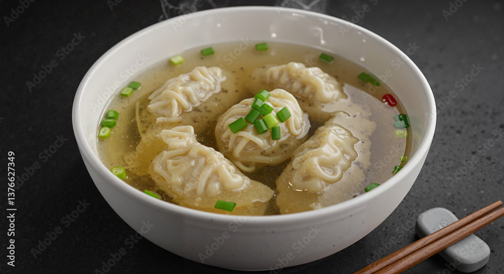 Dumplings in Broth with Green Onions in White Bowl Dumplings in Broth with Green Onions in White Bowl