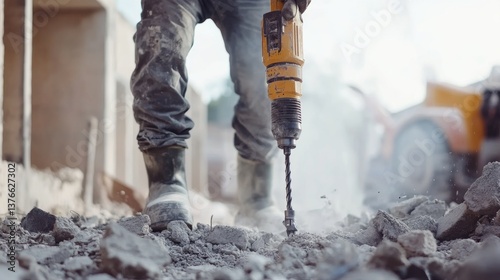 A construction worker using a pneumatic drill to break concrete at a job site. Featuring power and skill