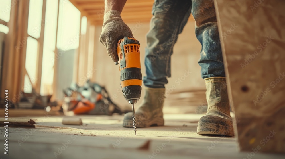 A construction worker using a power drill at a job site. Featuring precision and expertise A construction worker using a power drill at a job site. Featuring precision and expertise