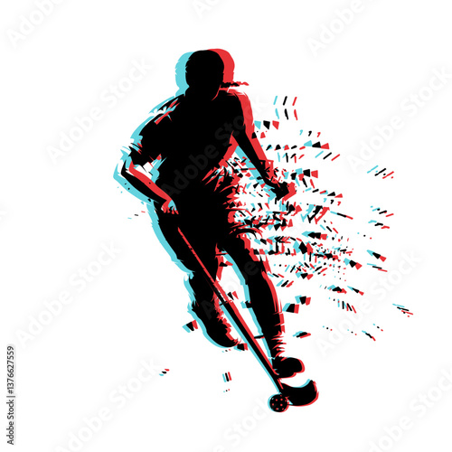 Floorbal player logo with glitch effect, woman playing floorball,  isolated vector silhouette