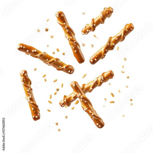 Twisted pretzel sticks with salt sprinkles on transparent background