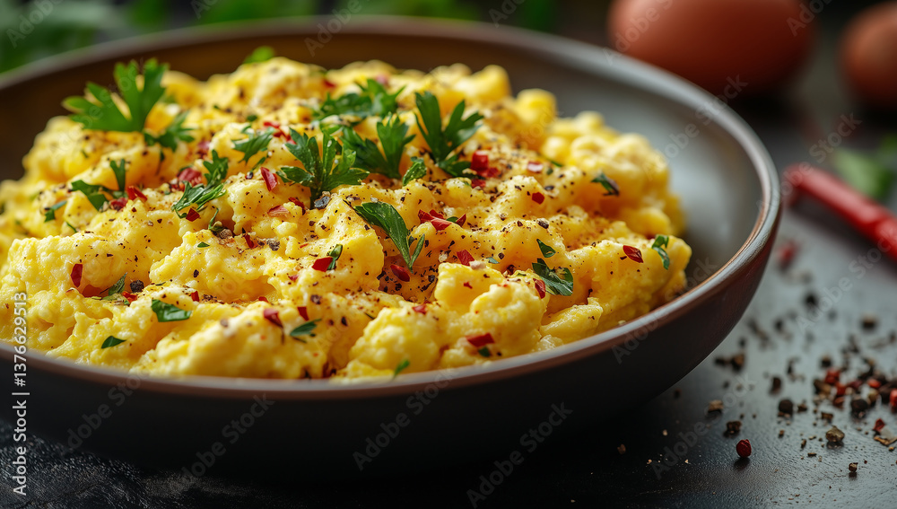 Delicious scrambled eggs garnished with fresh parsley and spices on a rustic kitchen table Delicious scrambled eggs garnished with fresh parsley and spices on a rustic kitchen table