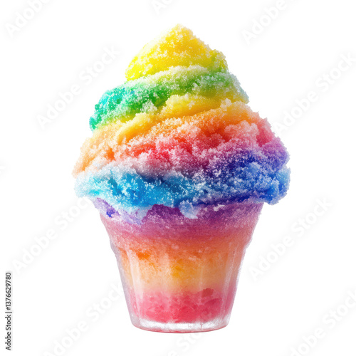 Rainbow sherbet snow cone with vibrant layers on transparent background