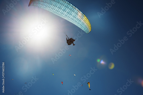 Obraz na płótnie Paragliding. Paraglider under a dome in the sky. In the background a lot of soaring paragliders. w salonie