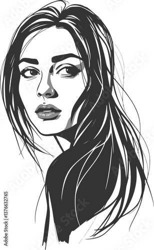 Mysterious woman looking sideways in outline style. Artistic vector portrait.
