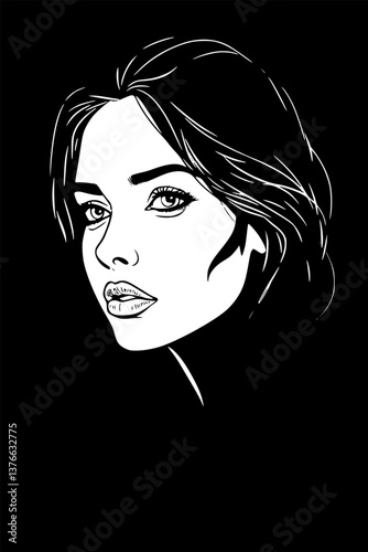 Mysterious woman looking sideways in outline style. Artistic vector portrait.