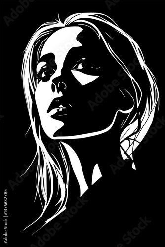 Mysterious woman looking sideways in outline style. Artistic vector portrait.