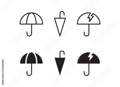 Open closed broke umbrella icon set. protection. security icon button, vector, sign, symbol, logo, illustration, editable stroke, flat design style isolated on white