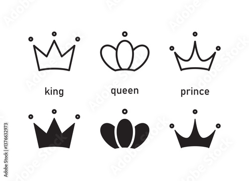 crowns. crown sketches, majestic tiara, king queen prince royal diadems line icons set, editable stroke isolated on white, linear vector outline illustration, symbol logo design style