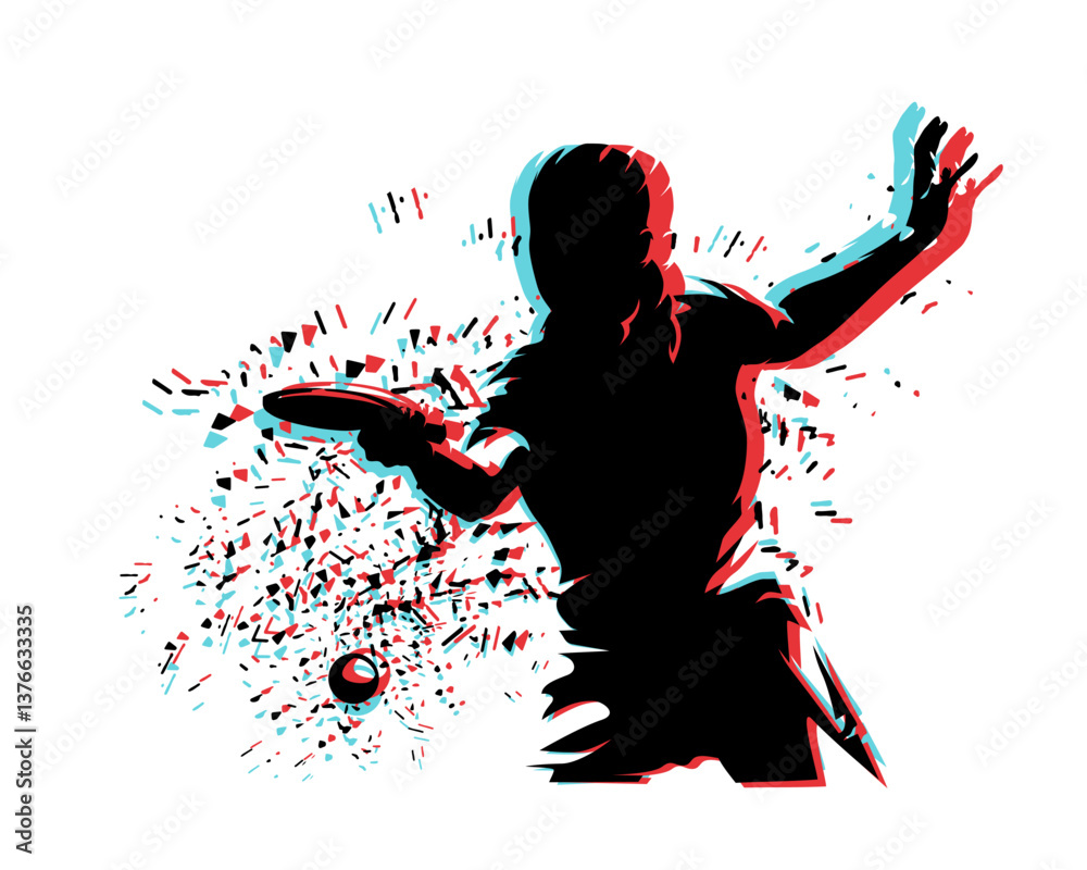 Fototapeta premium Table tennis player with glitch effect, isolated vector silhouette. Woman playing ping pong. Sports clipart