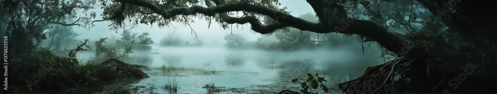 Fototapeta premium Misty lake surrounded by trees in the early morning