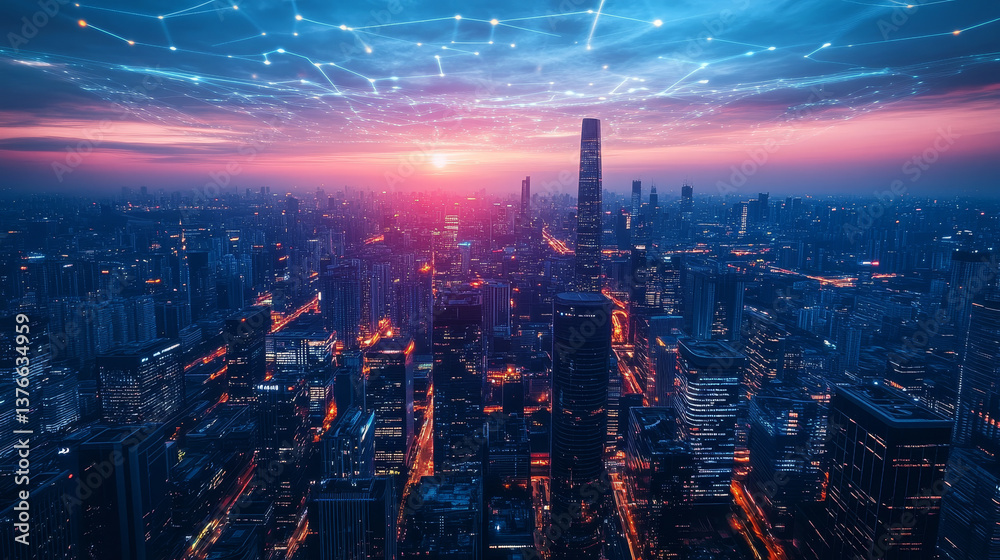 Fototapeta premium Big Data concept. Digital neural network. Introduction of artificial intelligence. Cyberspace of future. Abstract business 3D illustration, shallow depth of field