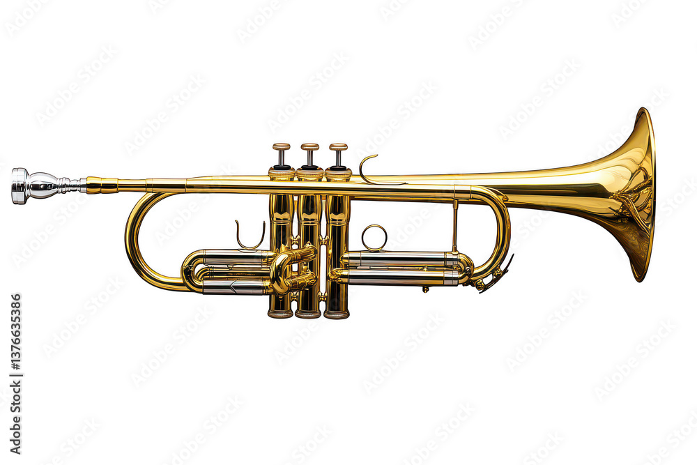 Obraz premium Polished gold trumpet isolated on white background, professional brass musical instrument, shiny metallic wind instrument for jazz and classical music