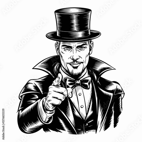 Vintage Circus Ringmaster Pointing in Woodcut Style