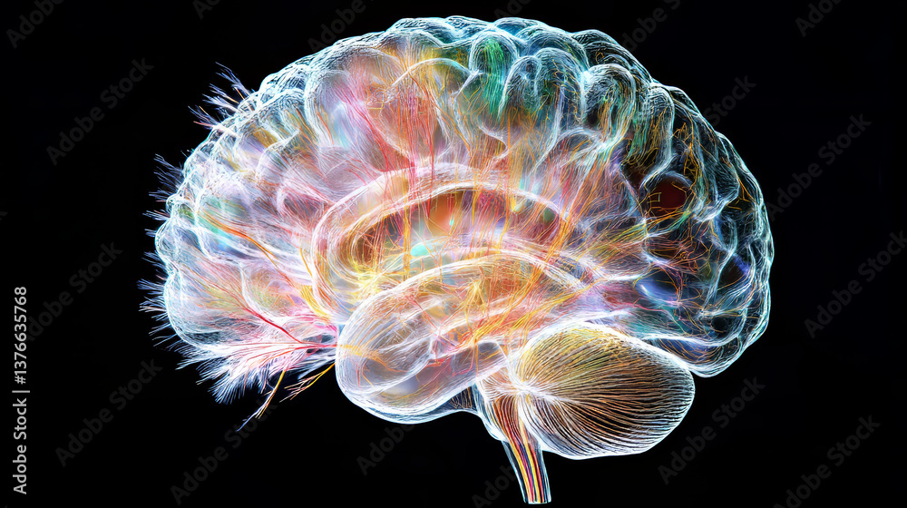 Obraz premium Brainstorm. Human brain 3D illustration. Contrast scan, X-ray, electrical impulse, mind and neural connections. Fresh, clean medical background