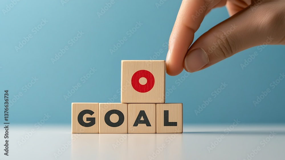 Wooden Blocks Spelling Goal with Red Circle on Top, Isolated on Blue Backdrop Wooden Blocks Spelling Goal with Red Circle on Top, Isolated on Blue Backdrop