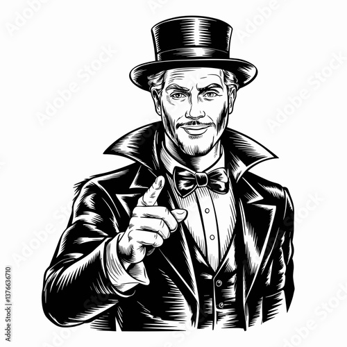 Vintage Circus Ringmaster Pointing in Woodcut Style