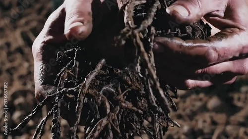Dirty hands holding freshly pulled roots from the soil. Strong visual for organic farming, sustainability, and connection to the earth.