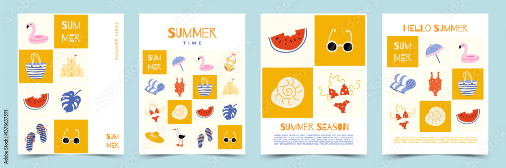Hello summer poster, cover, card collection with trendy hand-drawn illustrations. Concept of summer weekends and holidays, vacation travel illustrations for sale, discount, social media ads, promo. Hello summer poster, cover, card collection with trendy hand-drawn illustrations. Concept of summer weekends and holidays, vacation travel illustrations for sale, discount, social media ads, promo.