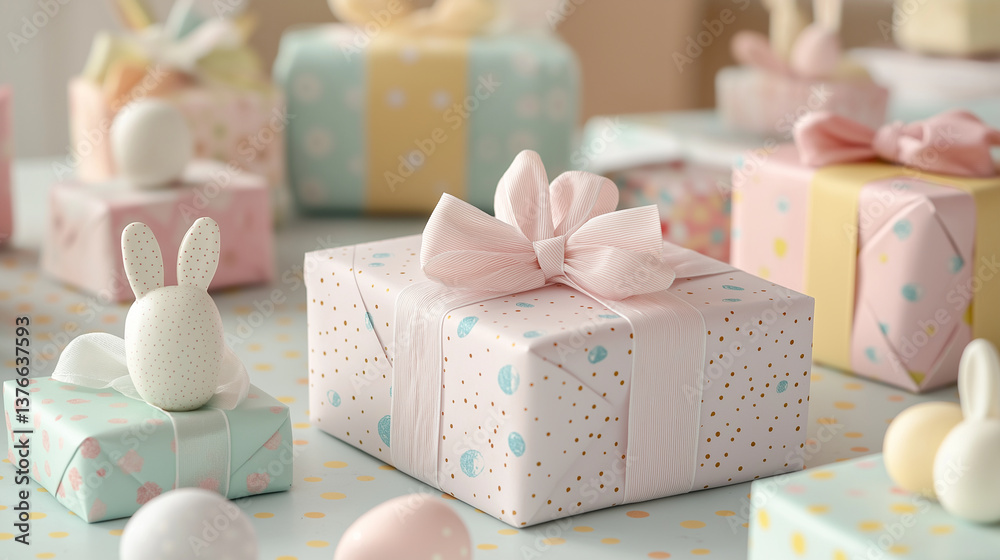 Easter gift boxes with colorful eggs on a table Easter gift boxes with colorful eggs on a table