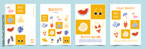 Hello summer poster, cover, card collection with trendy hand-drawn illustrations. Concept of summer weekends and holidays, vacation travel illustrations for sale, discount, social media ads, promo.