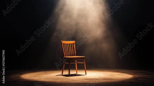Simple wooden chair on stage under a spotlight on a dark background.