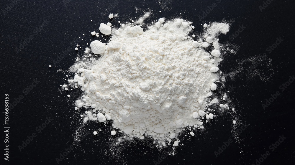 Pile of white flour on a dark surface. Top view. Pile of white flour on a dark surface. Top view.