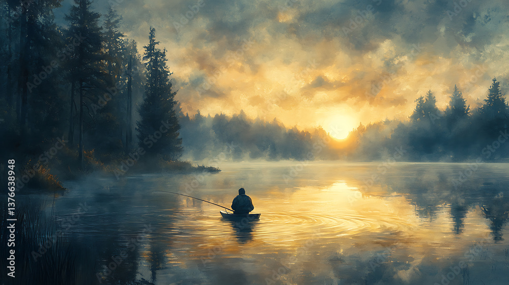 Wide shot of a calm lake at dawn, fisherman reeling in a fish, coin catching the sunlight from its open mouth, peaceful composition, high resolutionHighly detailed, cinematic composition, Wide shot of a calm lake at dawn, fisherman reeling in a fish, coin catching the sunlight from its open mouth, peaceful composition, high resolutionHighly detailed, cinematic composition,