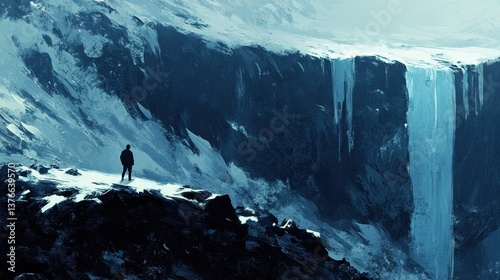 Solitary Explorer Gazing at a Frozen Waterfall in a Majestic Mountain Landscape