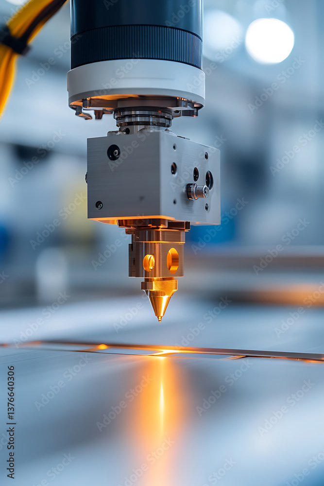 Precision Cutting: Close-up of an industrial laser cutting a metal surface with a bright beam of light, showcasing accuracy and technology.