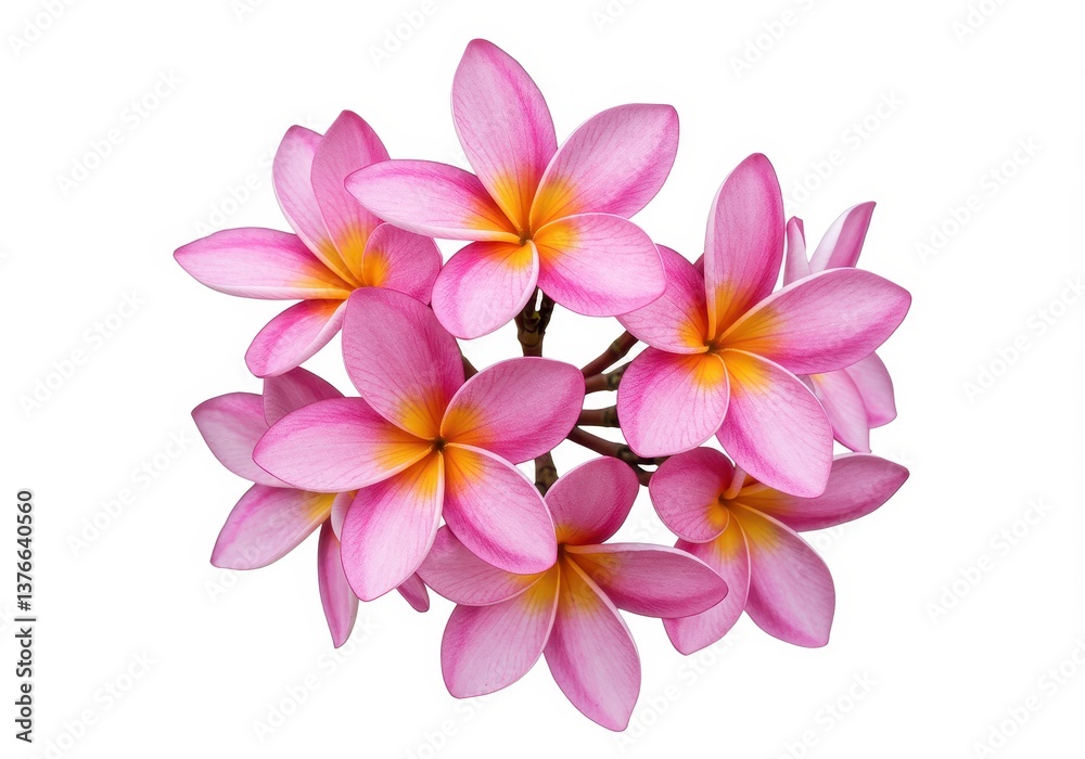Cluster of delicate pink plumeria flowers with yellow centers isolated on white background Cluster of delicate pink plumeria flowers with yellow centers isolated on white background