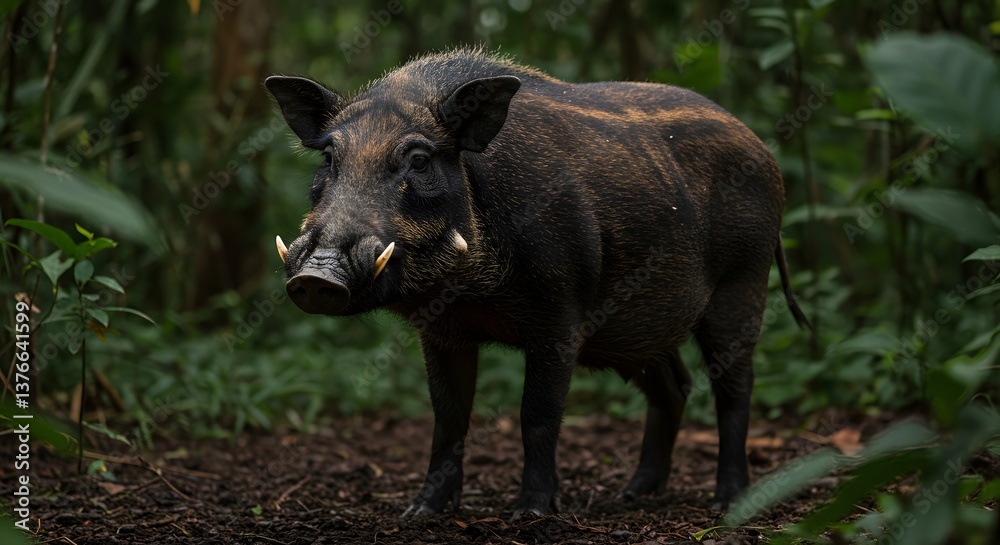 Observing a Wild Warthog Standing in a Forest Clearing During Daytime Observing a Wild Warthog Standing in a Forest Clearing During Daytime