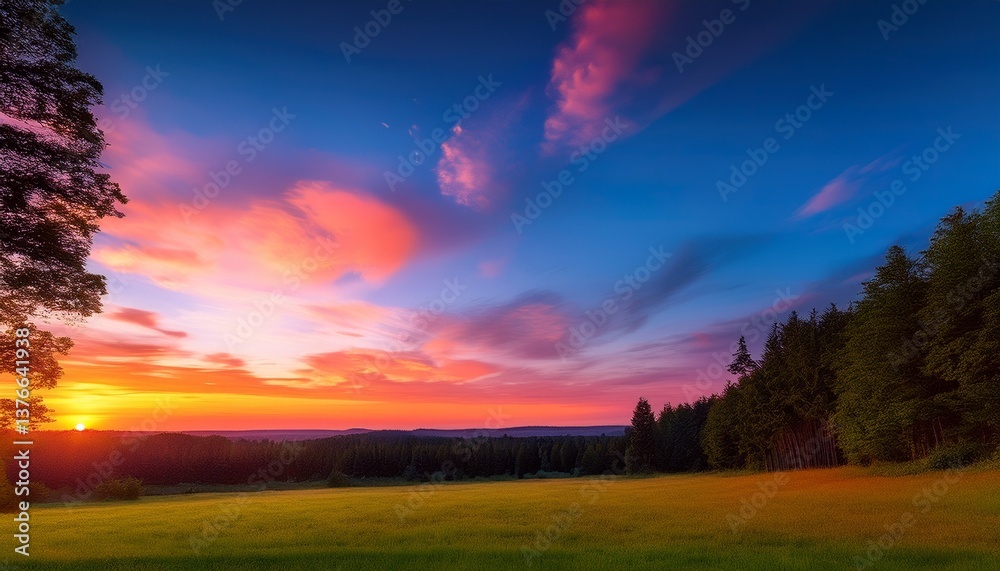 vibrant sunset sky with lush trees creates a serene landscape natural design with copy space vibrant sunset sky with lush trees creates a serene landscape natural design with copy space