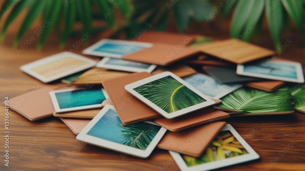 A Pile of Small Square Tan Leather-Bound Photo Prints Featu Various Tropical Scenes Such As Beaches and Palm Leaves on a Dark Wooden Surface A Pile of Small Square Tan Leather-Bound Photo Prints Featu Various Tropical Scenes Such As Beaches and Palm Leaves on a Dark Wooden Surface