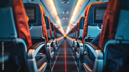 airline passenger seats and aisle in airplane cabin
