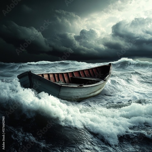 Stormy sea with a small boat caught in the waves as nature's fury unleashes its power over the water and sky Generative AI