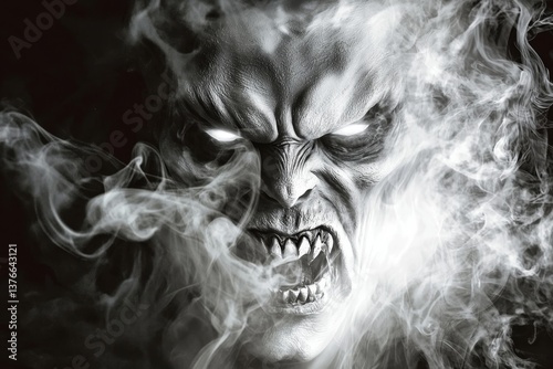 Frightening face crafted from dense, scary smoke.