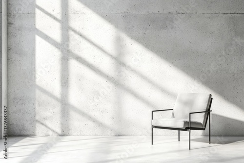 A minimalist gray chair showcased in a pristine white concrete room.