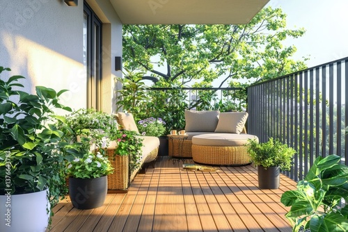 Modern terrace featuring elegant wood deck flooring and decorative fence.