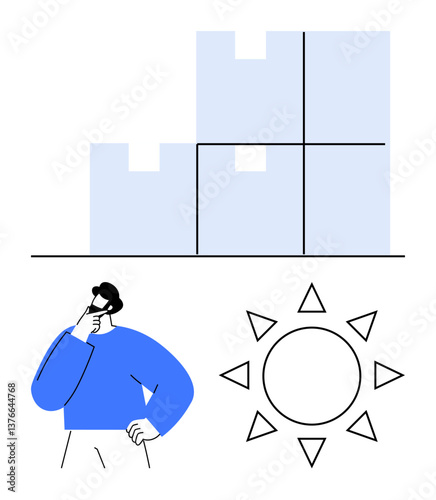 Person thinking beside stacked blocks and radiant sun highlighting growth, problem-solving, productivity. Ideal for creativity, planning, innovation, teamwork, self-reflection goals strategy. Flat