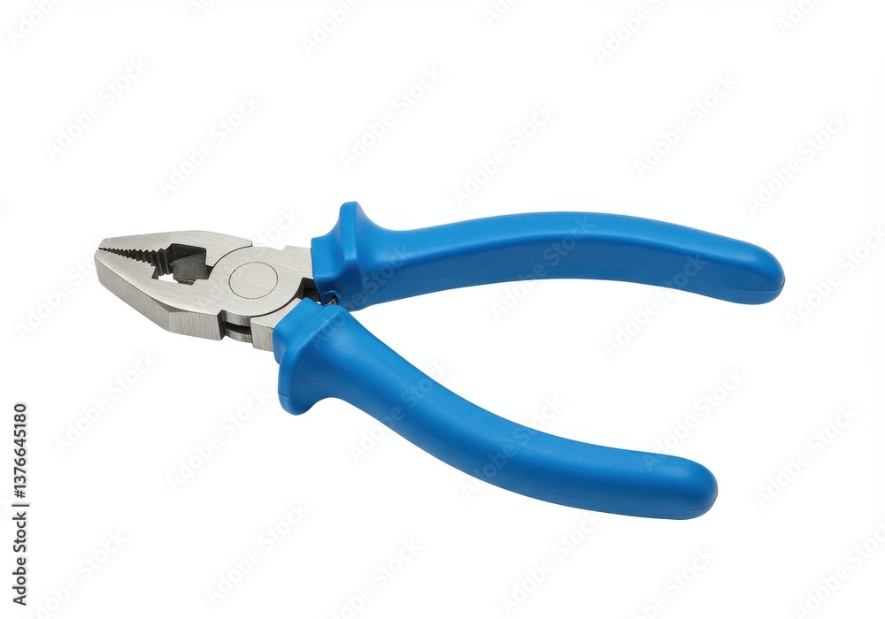 A pair of pliers with a blue rubber handle and metallic jaws isolated on white background A pair of pliers with a blue rubber handle and metallic jaws isolated on white background