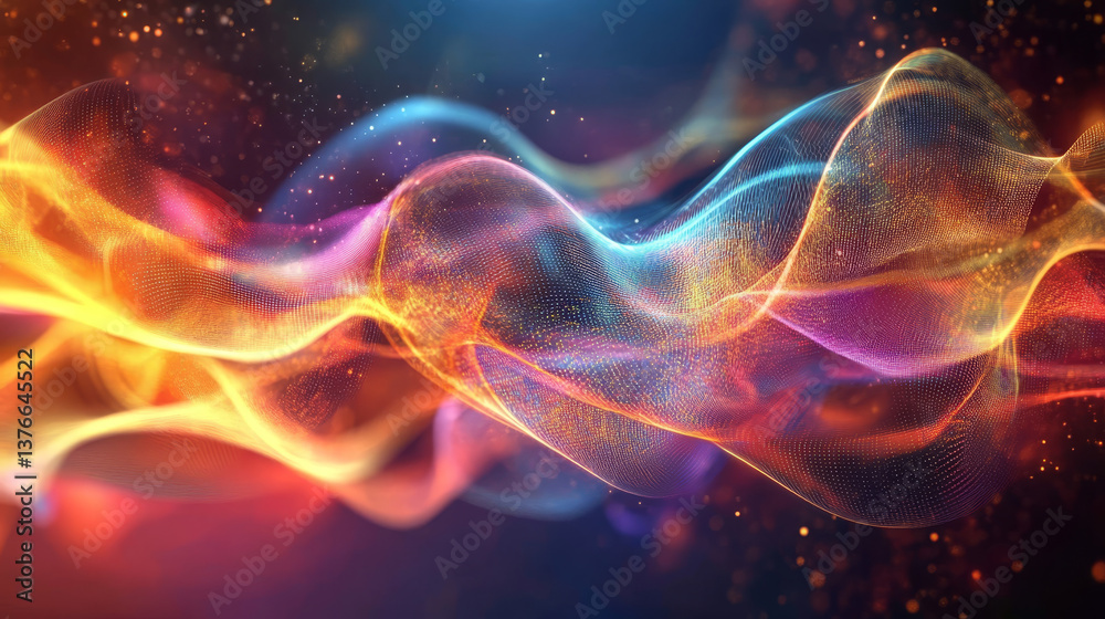 Fototapeta premium Big data cyber stream 3D illustration. Rhythmic waves of electrical impulses in a neural network. Sound and particles of musical rhythm. Blurred bokeh emotion in digital code space