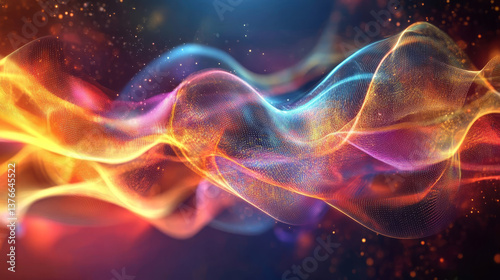 Big data cyber stream 3D illustration. Rhythmic waves of electrical impulses in a neural network. Sound and particles of musical rhythm. Blurred bokeh emotion in digital code space