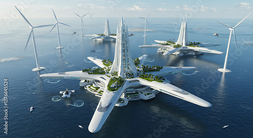 Futuristic eco-city design with wind turbines over ocean  