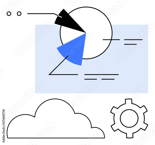 Pie chart with data segments, cloud outline, and gear symbol representing analysis, technology, and automation. Ideal for data, analytics, technology, cloud computing automation processes