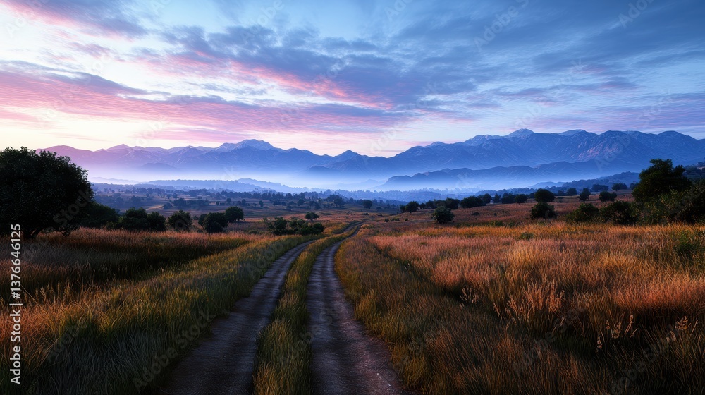 Fototapeta premium A Majestic Sunrise Over a Winding Dirt Road Leading Through a Picturesque Valley Towards Misty Purple-Hued Mountains and Scenic Landscape Views