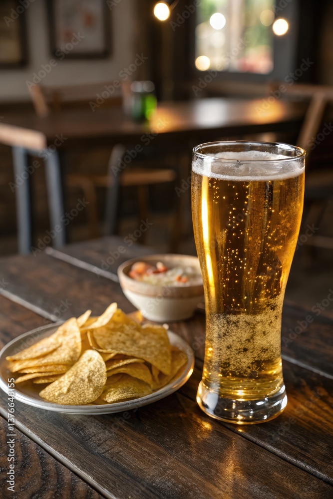 Refreshing Beer and Crispy Chips Served in Cozy Bar Setting Generative AI Refreshing Beer and Crispy Chips Served in Cozy Bar Setting Generative AI