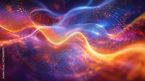 Big data cyber stream 3D illustration. Rhythmic waves of electrical impulses in a neural network. Sound and particles of musical rhythm. Blurred bokeh emotion in digital code space