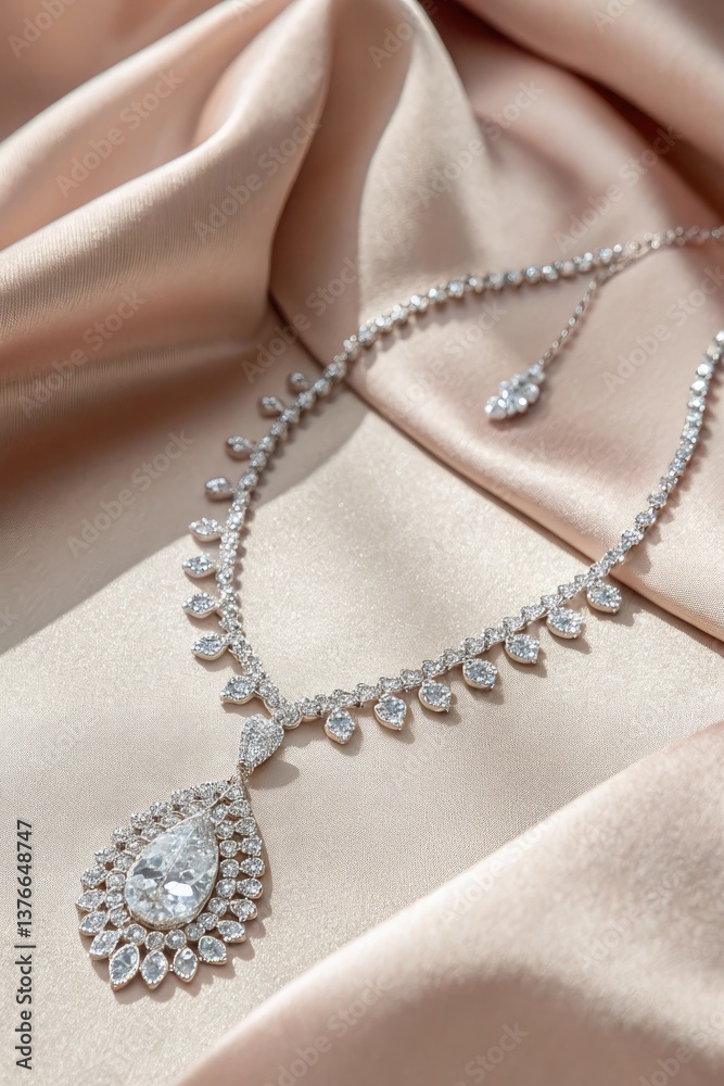 Elegant Sparkling Necklace Displayed on Soft Fabric Generative AI